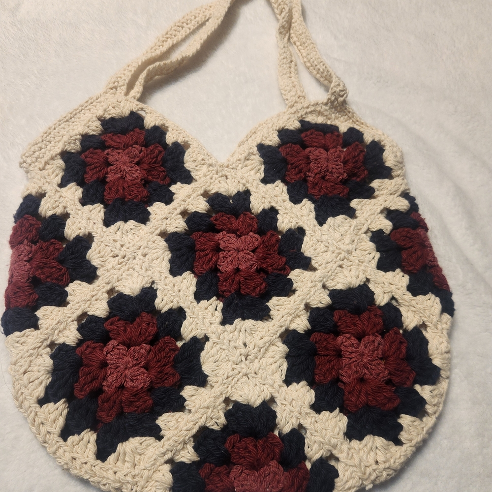 Elegant Crochet Shoulder Bag - Cream, Red, and Black